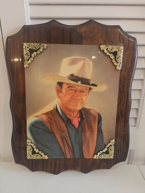 Vintage John Wayne Wooden Wall Plaque Western Lacquered Frame Retro Cowboy Art